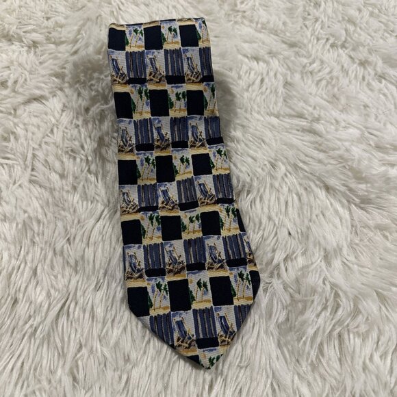 Lalmore Pura Seta 100% silk beachy necktie blue beach chair - Picture 1 of 6